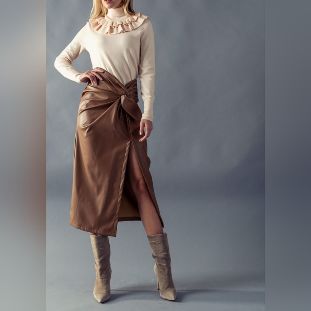 #18324 🛑S BOHO SEXY VEGAN LEATHER KNOTTED SIDE SLIT LONG SKIRT - Picture 6 of 7